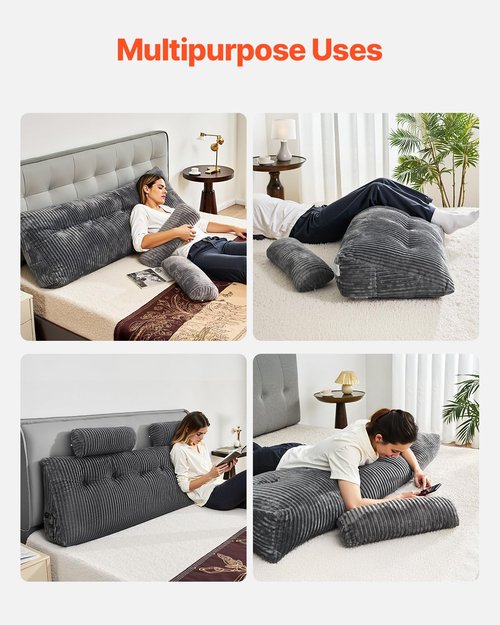 VEVOR Headboard Pillow, King Size Wedge Headboard Pillow with 2 Side Pockets and 2 Headrests, Bed Wedge Pillow with Washable Flannel Cloth, for Reading, Gaming, Resting, Working in Bed, Grey