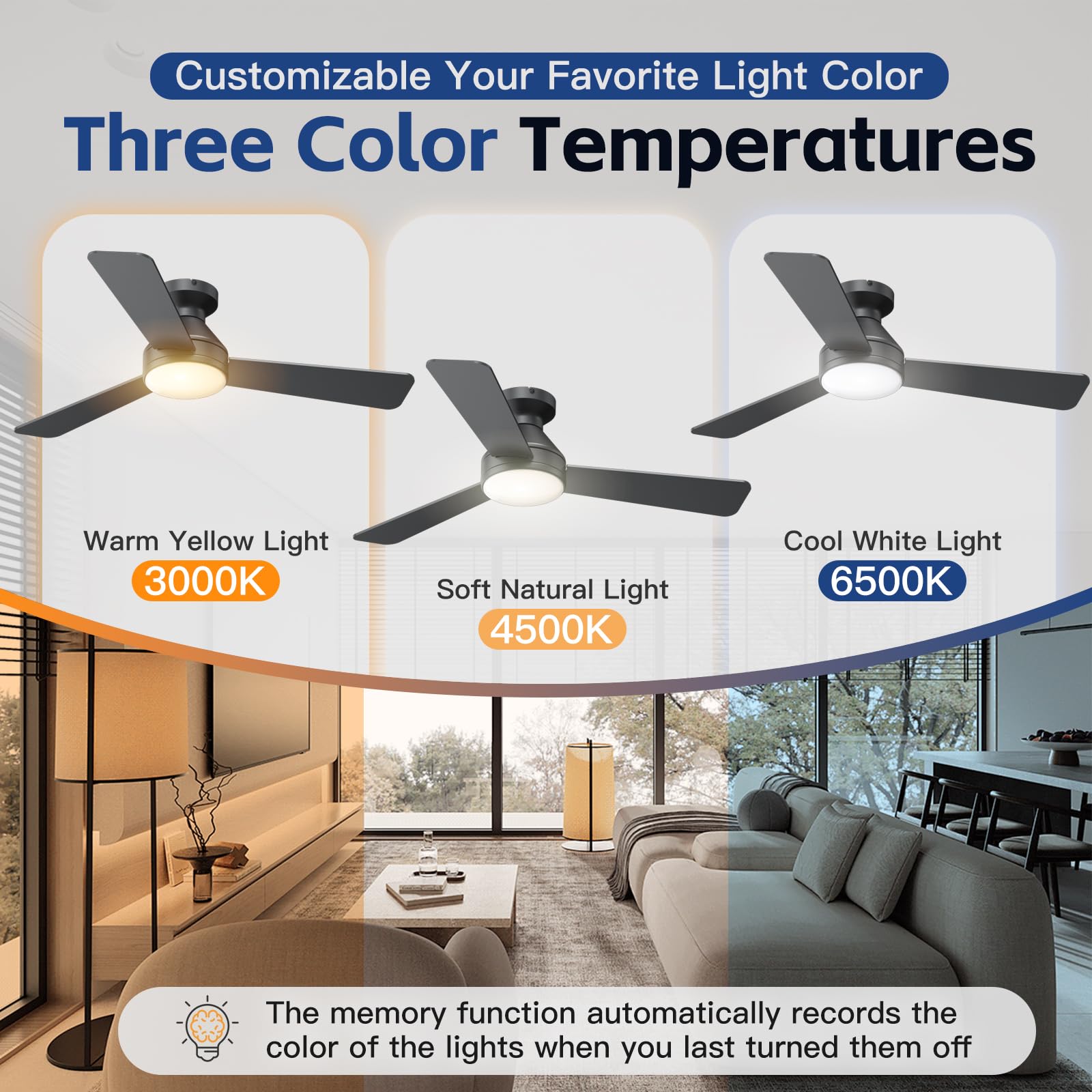 Ceiling Fans with Lights, 42 Inch Ceiling Fan with Light And Remote, 3CCT Flush Moun Low Profile Ceiling Fans, 6 Speed Noiseless LED Ceiling Fan, Black Ceilings Fan with Remote for Bedroom Living Room