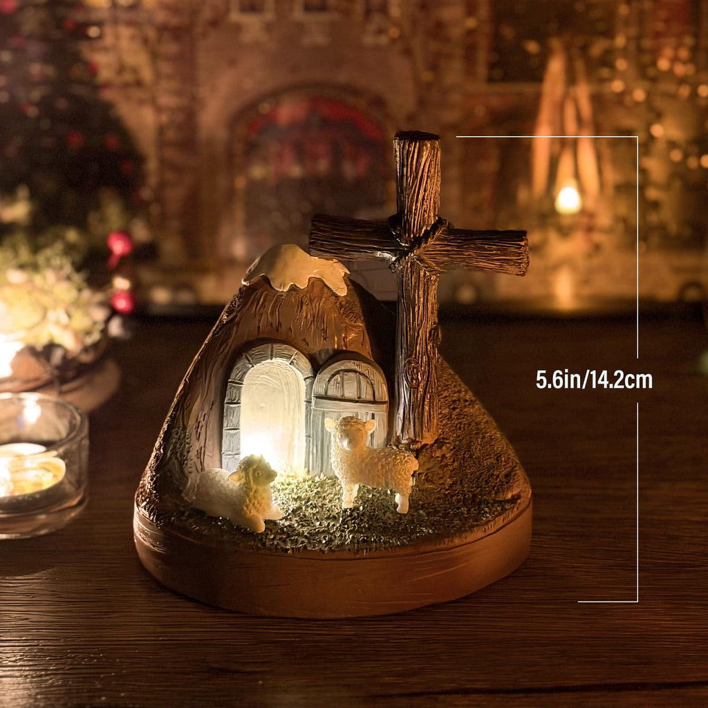 Giunn Tomb Easter Scene and Christian Cross Decoration, He is Risen Tomb Sculpture, Jesus Easter Decor, Jesus Nativity Scene Decoration for Religious Decorations, Home Office Tabletop, Shelf Decor