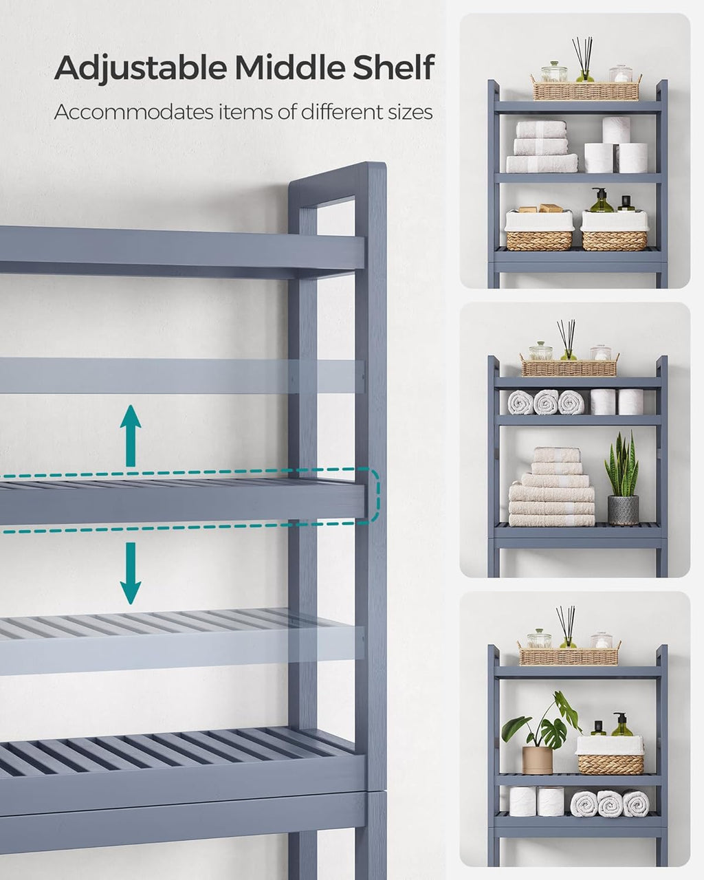 SONGMICS Over The Toilet Bathroom Organizer - 3-Tier Adjustable Shelf, Space-Saving Design, Gray, 10.2 x 24.8 x 66.9 Inches
