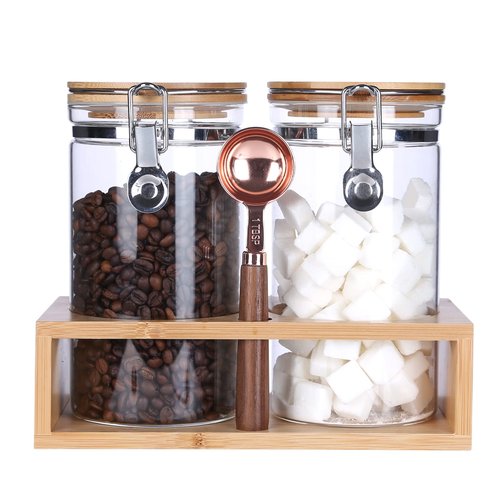 KKC Glass Storage Jars with Spoon,Glass Coffee Bean Storage Containers,Airtight Sealed Jar Canisters Bamboo Lids with Scoop for Coffee Bean,Ground Coffee,Brown Sugar,Nuts,Loose Tea