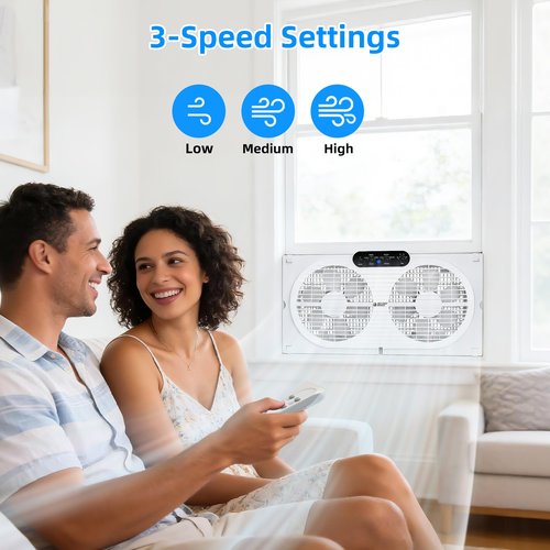 BEYOND BREEZE Twin Window Fan with Reversible Airflow, 9-Inch Window Fan with Remote Control and 3 Speeds, Expandable Window Exchaust Fans for Home Bedroom