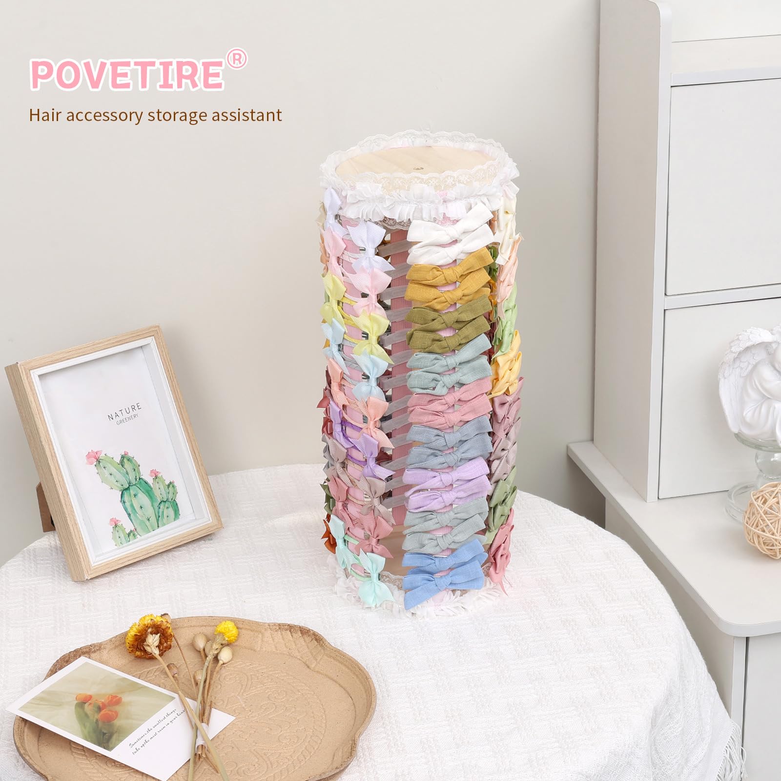 POVETIRE Bow Holder for Girls Hair Bows,Pink Hair Bow Organizer, Hair Clips Stand Hair Accessories Rack Display Decors Baby Nursery Toddler Girls Room-Pink-White