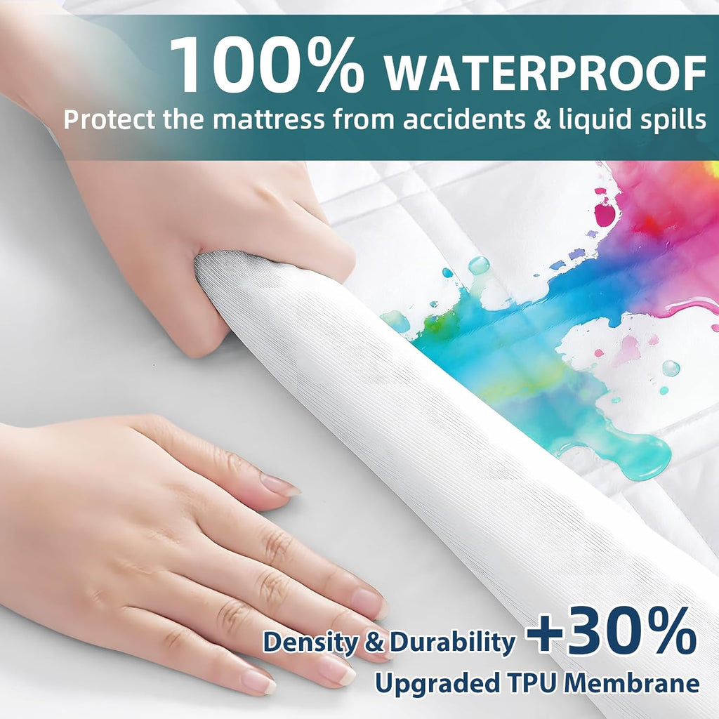 Skiennix Waterproof Mattress Protector - Soft Noiseless Bed Cover for Queen Size | Deep Pocket, Washable, White