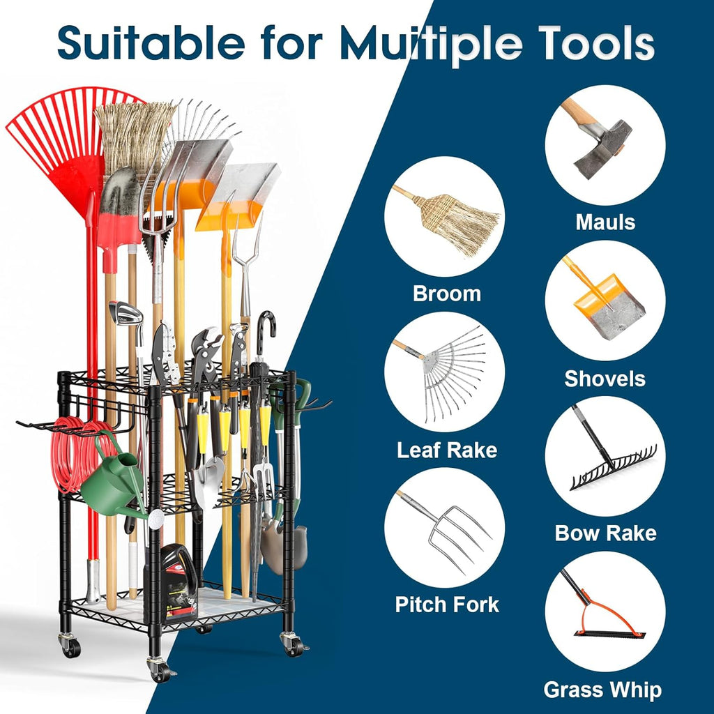 **T1 Garden Tool Organizer - Heavy Duty Freestanding Storage with Lockable Wheels | Holds Up to 50 Tools, Black**