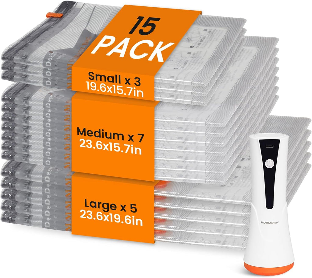 Skiennix Vacuum Seal Bags - 15 Pack Compression Space Saver Bags with Rechargeable Cordless Pump for Travel & Storage