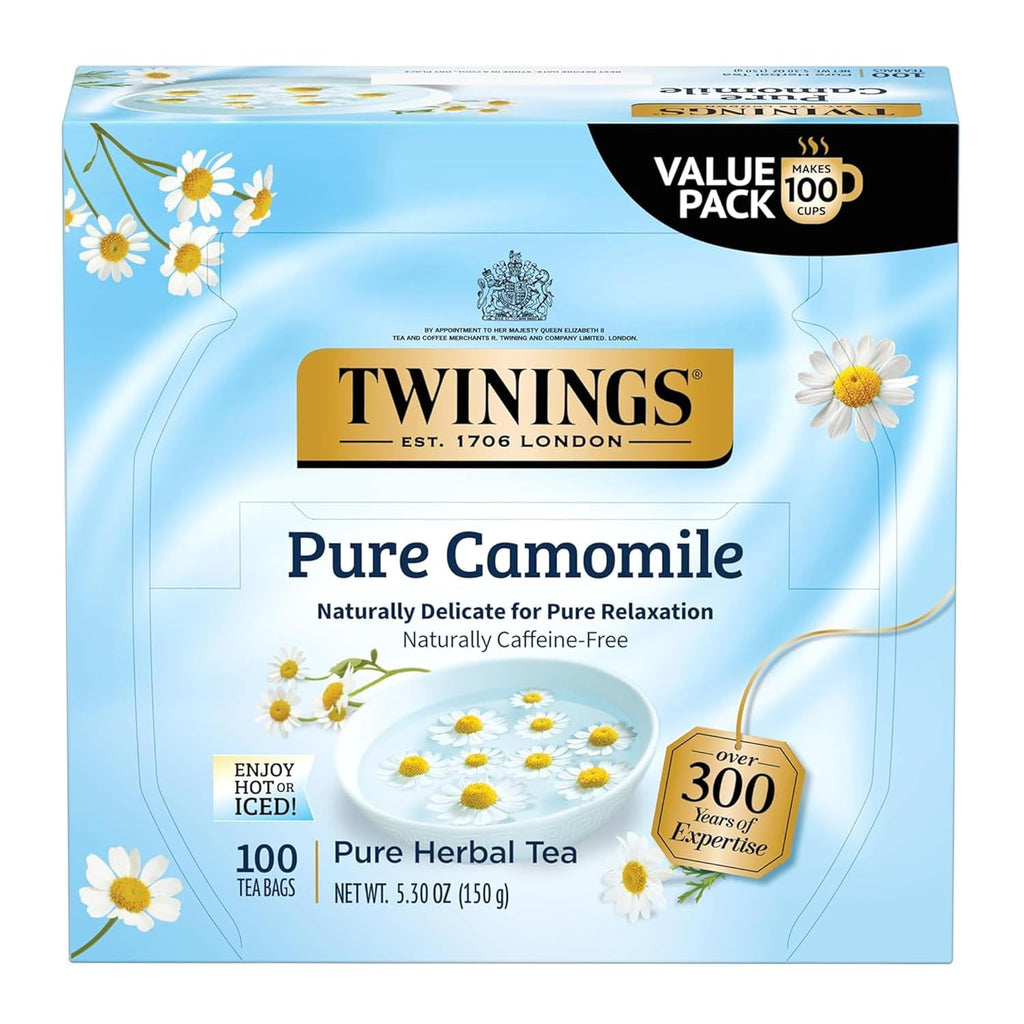 Twinings Pure Camomile Herbal Tea - 100 Individually Wrapped Bags for Relaxation | Caffeine-Free, Hot or Iced