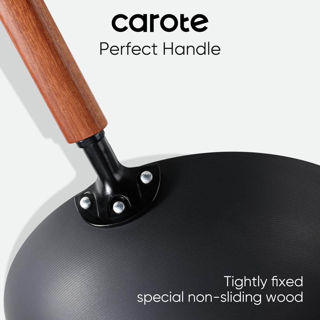 CAROTE 12.5" Carbon Steel Wok Pan, 6.5QT Woks & Stir-fry Pans Nonstick, No Chemical Coated Pre-Seasoned Flat Bottom Wok with Lid for Stir Fry, Chinese Cast Iron Wok Cooking Pan All Stovetop Compatible
