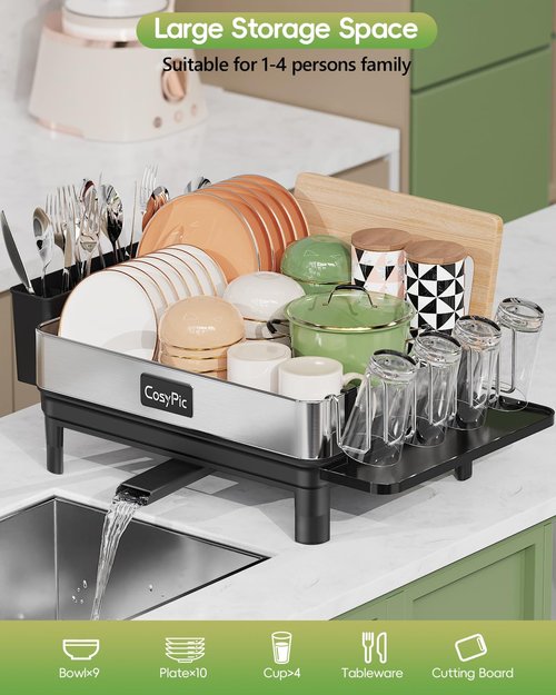 CosyPic Dish Drying Rack, Thicker Premium 304 Stainless Steel Dish Racks for Kitchen Counter, Sink, Large Dish Drainer & Drainboard Set with Utensil Holder and Cup Holder, Pink