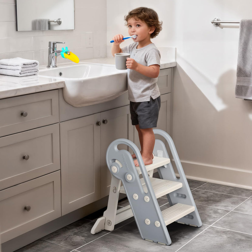 Onasti Adjustable Toddler Step Stool with Handles, Converts from 3-Step to 2-Step as Kids Grow, Non-Slip Safety Stool for Bathroom Sink, Kitchen Counter, Potty Training and Everyday Household Use-Grey