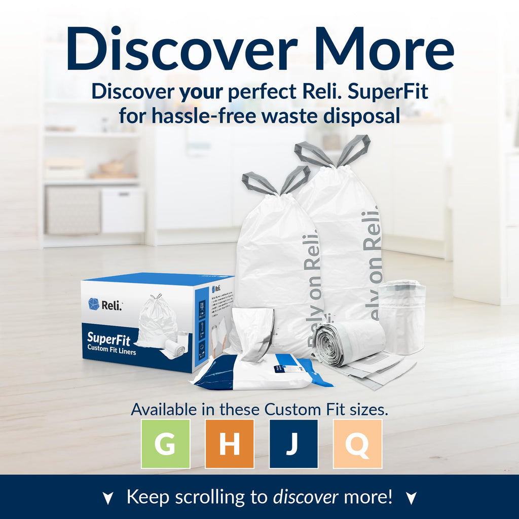 Reli. SuperFit Code J (225 Count) | Compatible with Simplehuman Code J | Custom Fit Liners | Drawstring Trash Bags | 30-45 Liter / 8-12 Gallon | White | Roll Pack