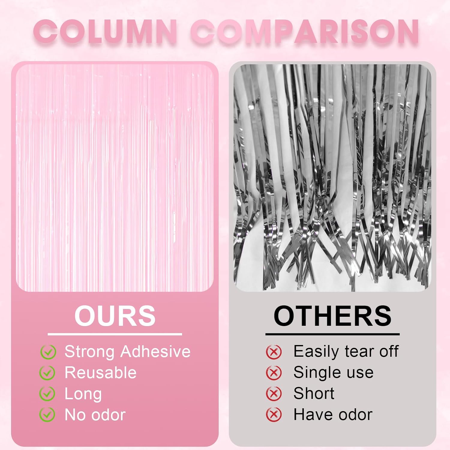 Voircoloria Foil Fringe Backdrop Curtains - 3 Pack of 3.3 x 8.2 Ft Pasel Pink Tinsel Streamers for Parties