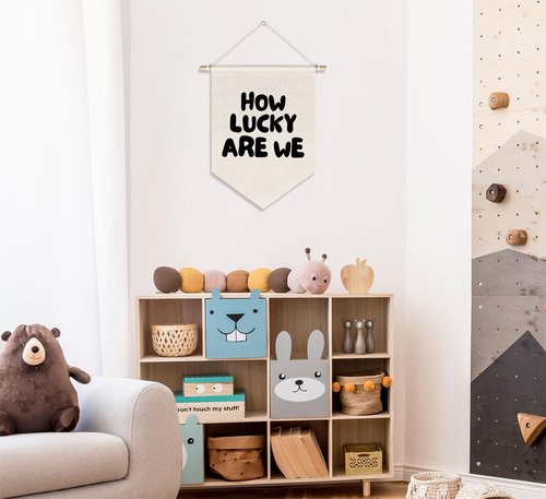 DSHFG How Lucky Are We Banner Playroom Wall Art Decor for Kids Boys Room Nursery Playroom Decor Hanging, Cute Play Room Decorations, 15x11in