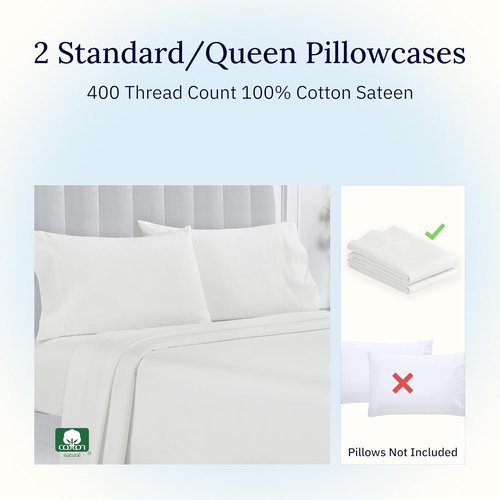 California Design Den Pillowcase Set - 400 Thread Count 100% Cotton Sateen, Soft & Breathable - Ivory, Queen Size (Set of 2)