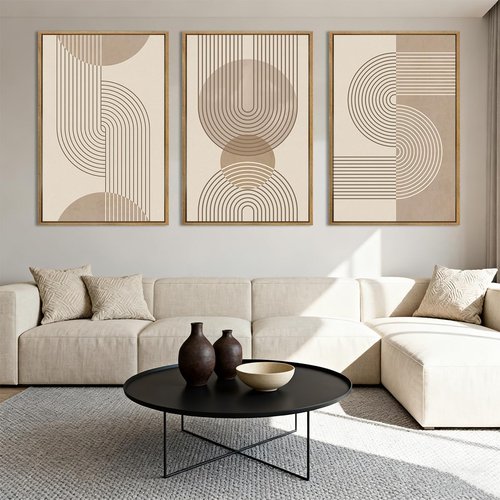 Anyzal Large Abstract Wall Art - Framed Boho Geometric Line Artwork | Modern Minimalist Beige Painting Set of 3 (24''x36'') for Living Room & Office