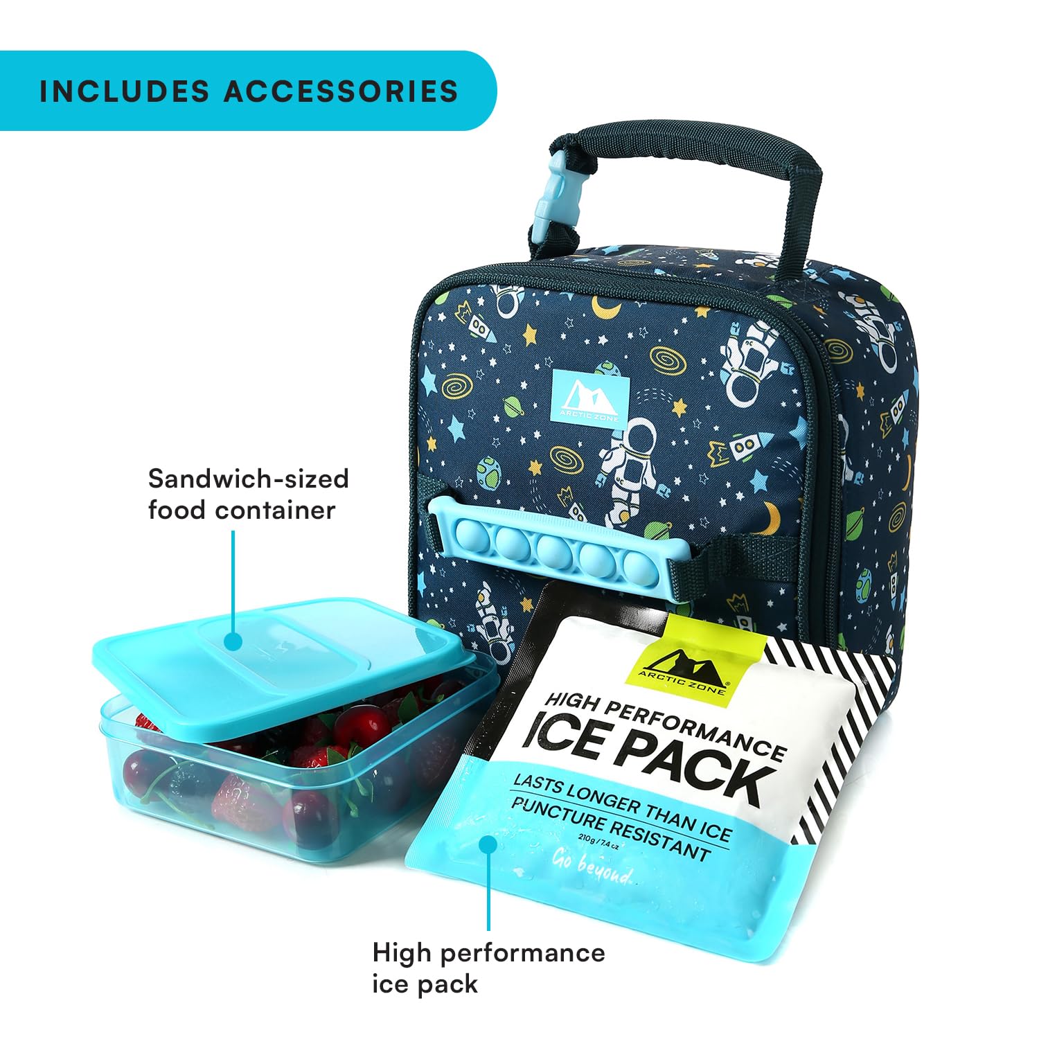 Arctic Zone Kids Lunch Box Combo with Gel Ice Pack and Sandwich Container, Insulated Bag for Travel Lunch, Sensory Fidget Toy Handle, Space Odyssey