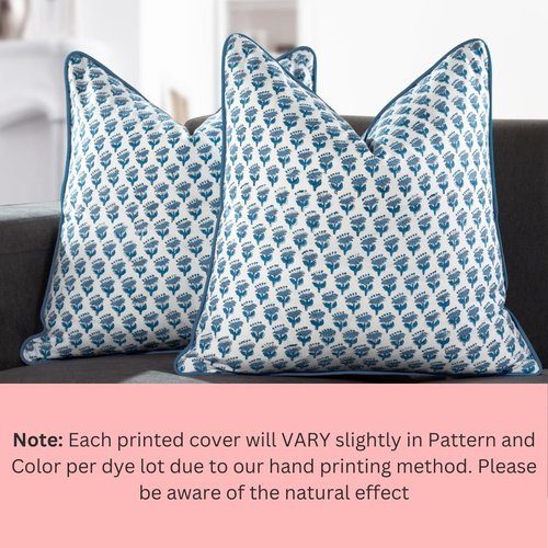 CPC 100% Cotton Throw Pillow Covers 18x18 Inch, Set of 2 Blue Block Print Pattern Couch Pillow, Cute Boho Decorative Pillows for Living Room, Bedroom with Hidden Zipper- Apatite Blue