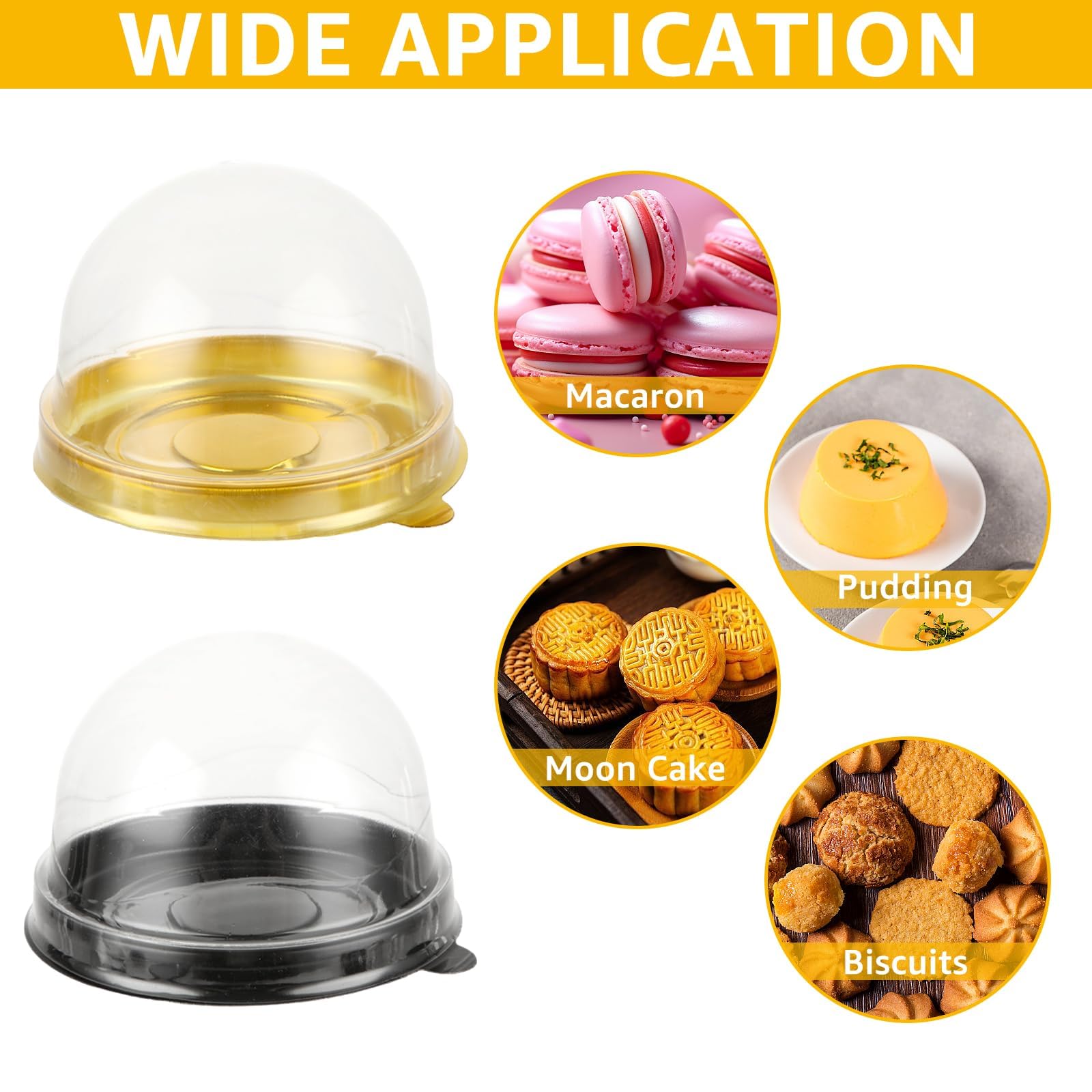 WOPPLXY 200 Pcs Mini Cake Containers, Clear Plastic Cupcakes Containers Muffin Mooncake Holder, Mini Cupcake Boxes with Dome Lid for Cheese Pastry Dessert Mooncake (100 Gold,100 Black)