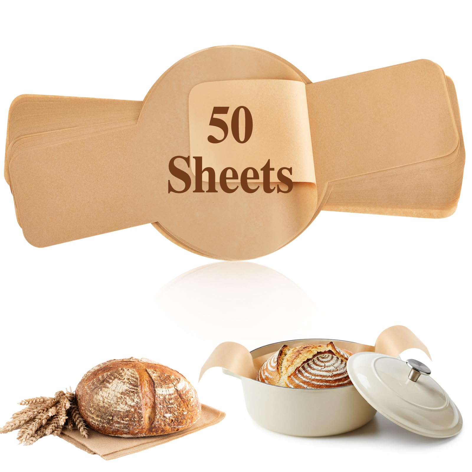 Marspark 50 Pcs Parchment Paper for Sourdough Baking, Bread Sling - Dutch Oven Liner, Pre-Cut Parchment Baking Supplies for Easy Dough Transfer (Round)