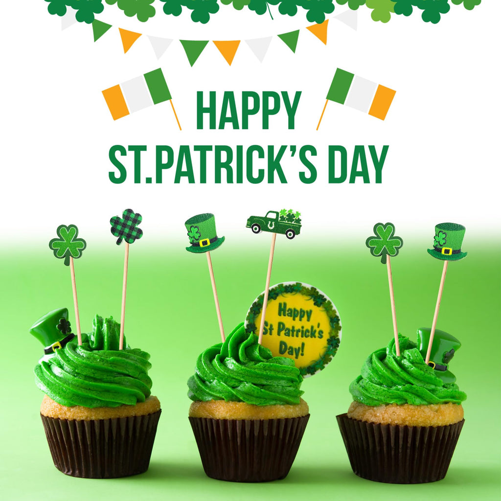 100 Pcs St Patrick's Day Shamrock Cocktail Picks Irish Green Hat Beer Clover Cupcake Toppers Disposable Party Shamrock Sticks for St. Patrick's Day Decoration Party(Truck Style)