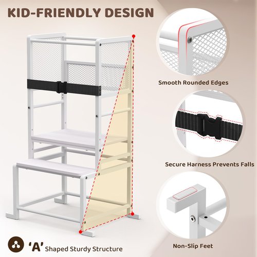 Toddler Kitchen Step Stool Adjustable Height Learning Standing Tower with Safety Feet, Steel Wood Kitchen Stool Helper for Kids, 1-3 Year Old Boy Girl Gifts