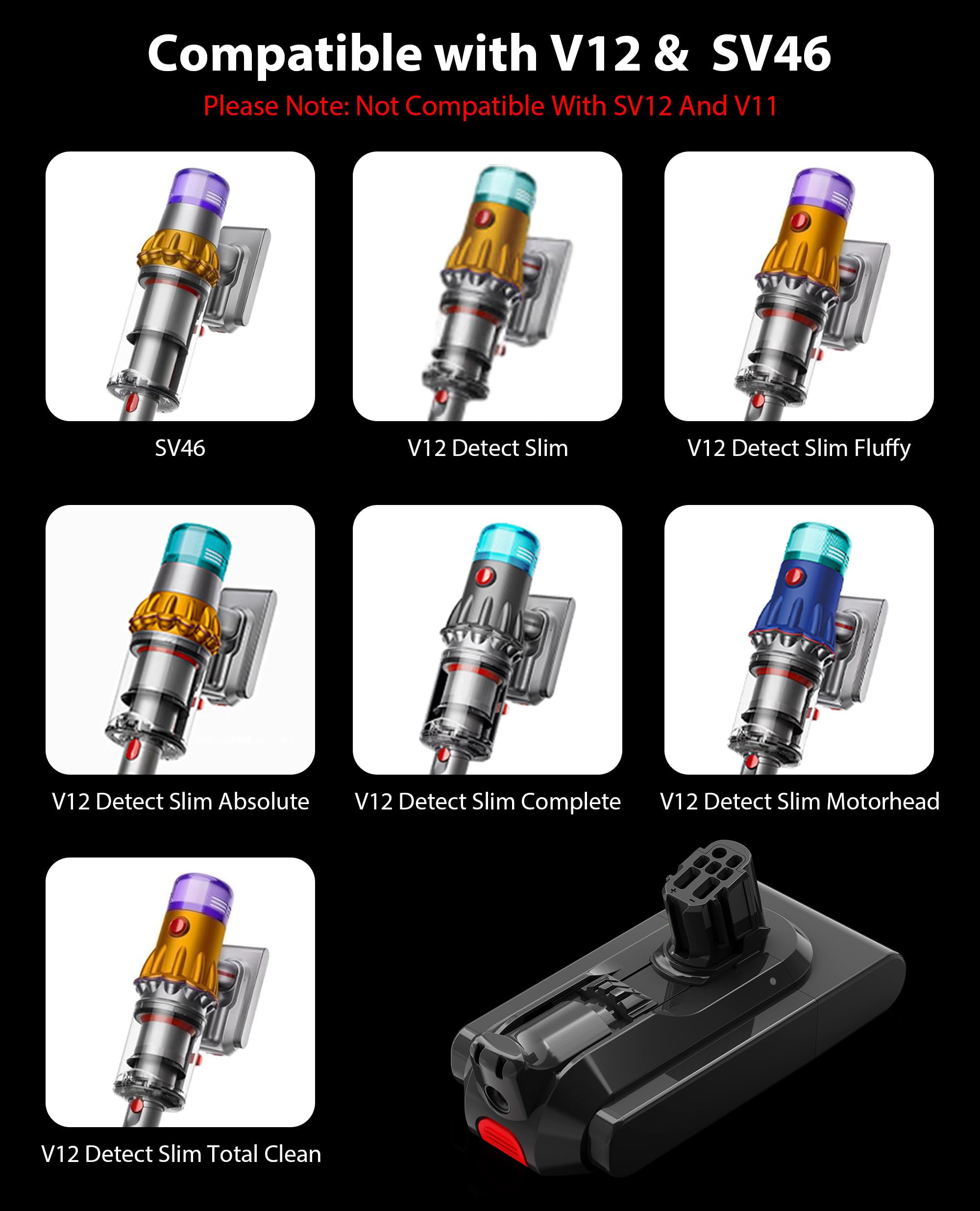 CACITY V12 Battery Compatible with Dyson V12 Detect Series | 4000mAh fit for V12 SV20 SV26 SV30 SV34 SV35 SV46 Vacuum Cleaner (Not for V11 SV12) 965470-01 394167-1 386706-85
