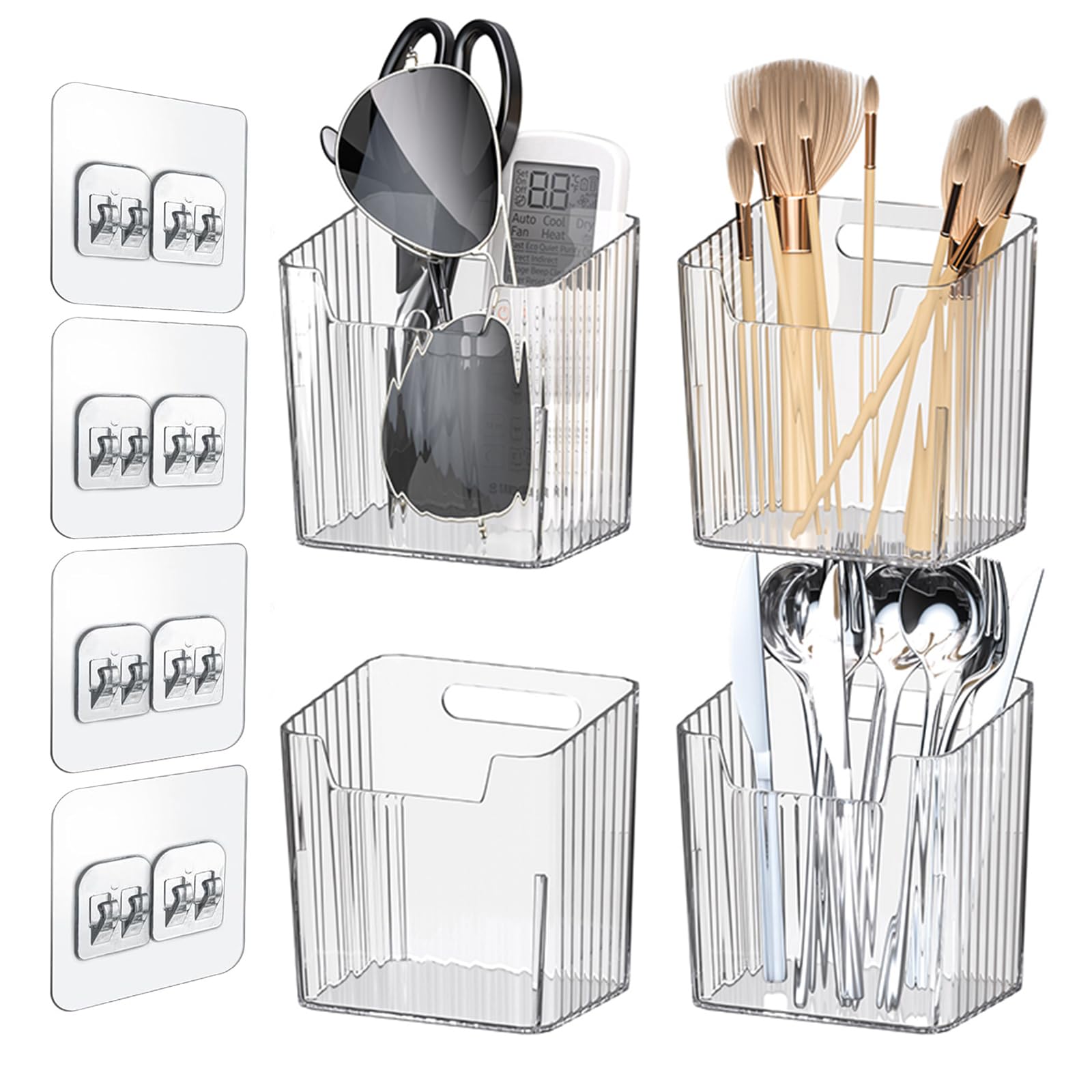 4 Pack Wall Organizers and Storage - Clear Acrylic Cabinet Door Organizer Bins, Adhesive Remote Control Holder, Space-Saving Stackable Wall Storage for Bathroom, Kitchen, Pantry, RV, Dorm, Office