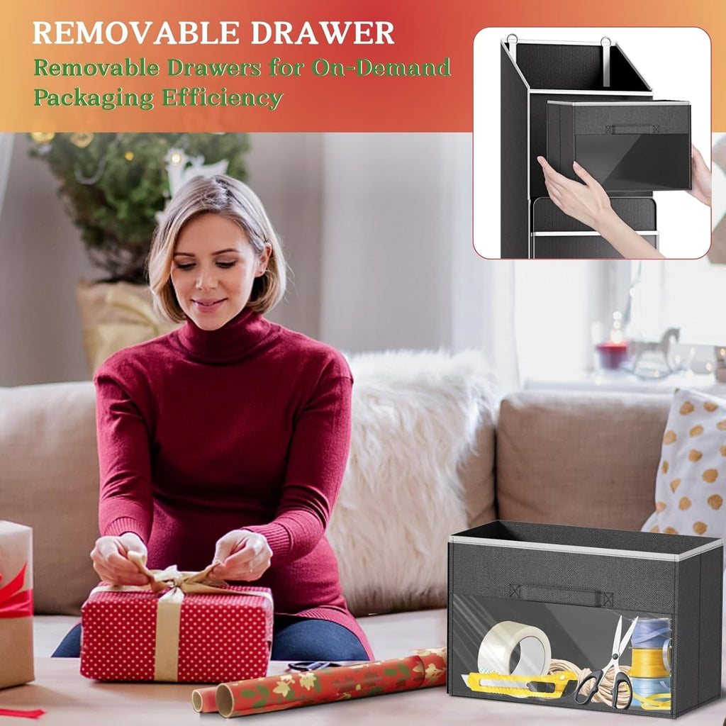 Ofiray Home 2-in-1 Wrapping Paper Organizer - Over Door or Under Bed Storage with Removable Drawer & 4 Clear Pockets for Ribbons and Bows