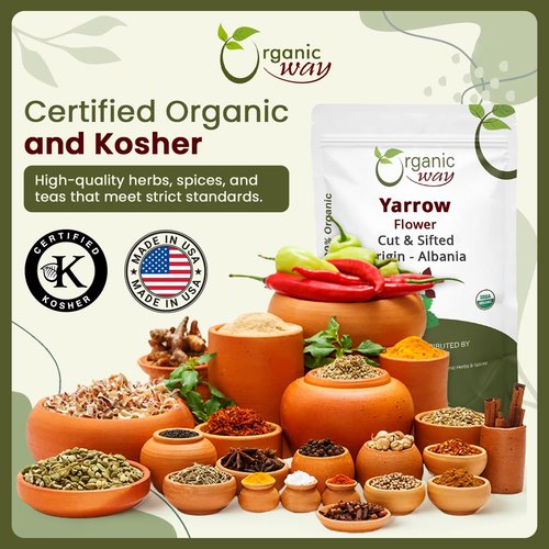 Organic Way Yarrow Flower Cut & Sifted (Achillea millefolium) - Herbal Tea | European Wild-Harvest | Kosher & USDA Certified | Vegan, Non-GMO & Gluten Free | 100% Raw from Albania (1LBS / 16Oz.)
