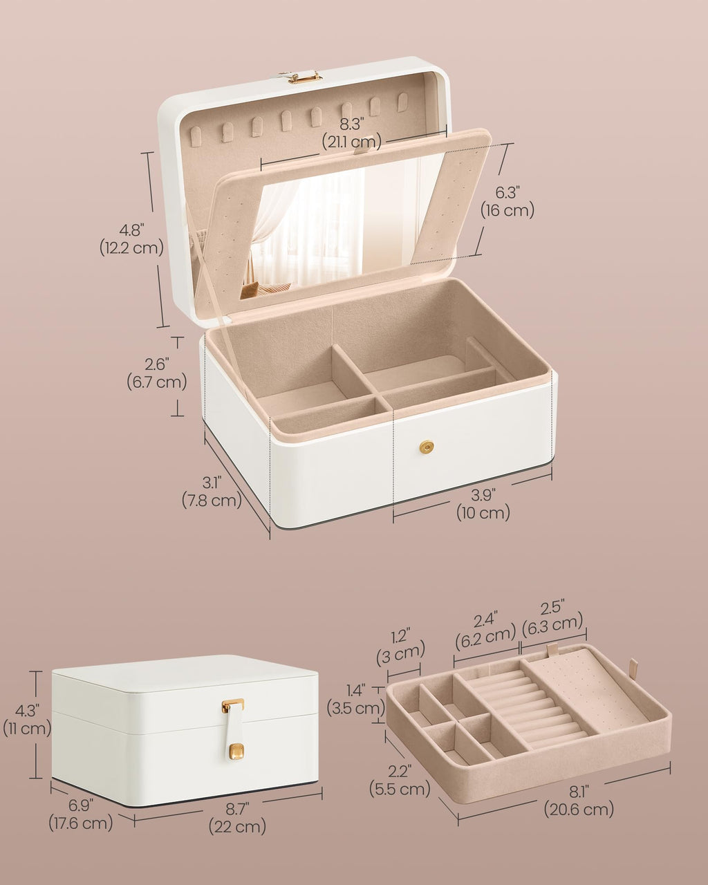 SONGMICS Jewelry Box Organizer with Mirror, 2-Layer Jewelry Holder Case, Removable Tray, 6.9 x 8.7 x 4.3 Inches, Earring Necklace Storage, Gift Idea, Cloud White UJBC200W01