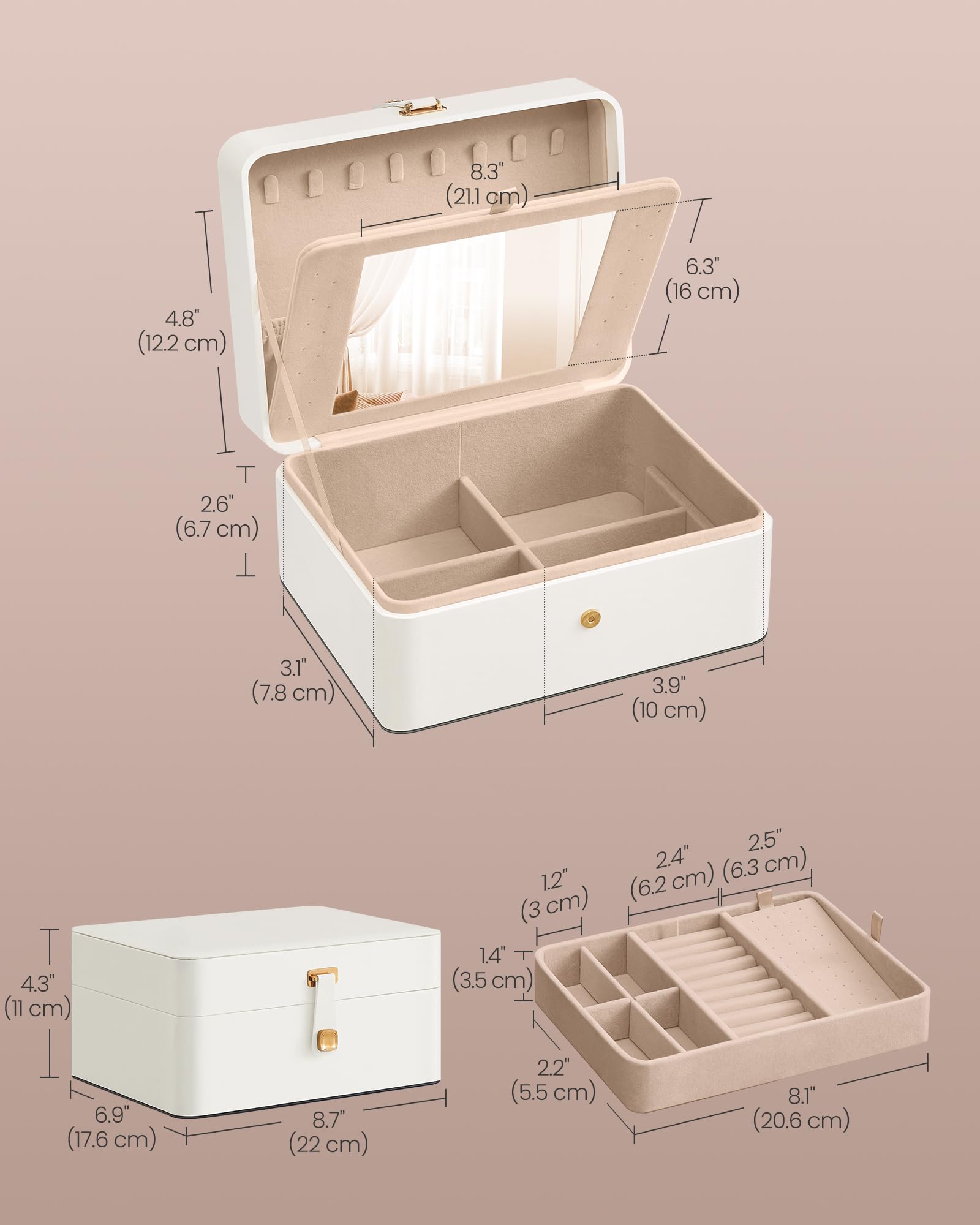 SONGMICS Jewelry Box Organizer with Mirror, 2-Layer Jewelry Holder Case, Removable Tray, 6.9 x 8.7 x 4.3 Inches, Earring Necklace Storage, Gift Idea, Cloud White UJBC200W01