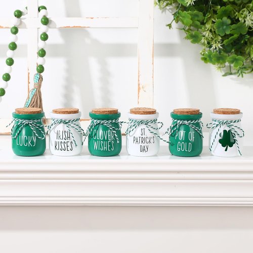 FunouHome St. Patrick's Day Decorations - 6PCS Mini Glass Jars - Farmhouse St. Patrick's Day Decor for Home, Kitchen, Table, Fireplace Mantel