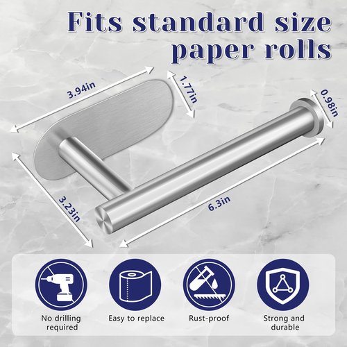 Toilet Paper Holder, Stainless Steel & No Drilling Toilet Paper Holder Wall Mount, Waterproof Self Adhesive Toilet Paper Holders for Bathroom, Kitchen, Washroom（Sliver）