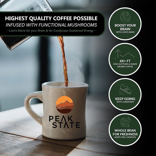 Peak State Coffee with Benefits, 3 Bag Variety Pack – Mushroom Coffee, Low Acid & Smooth, Immunity Boost, Brain Sustain & Stress Less, Organic Whole Bean, Gluten Free, 12 oz. Each