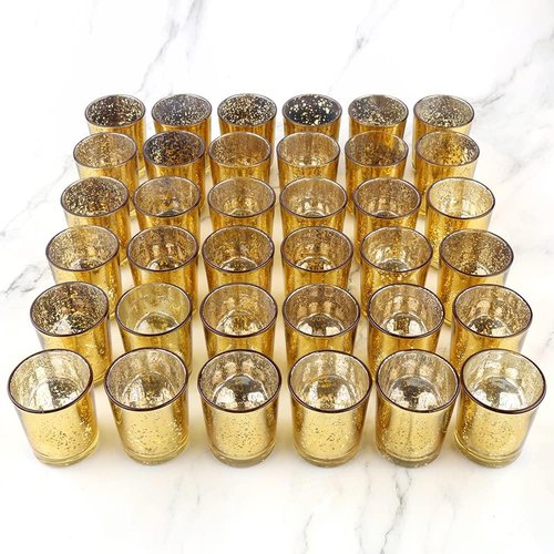Gold Mercury Glass Tea Light Holders - Elegant Votive Candle Holders for Weddings & Home Decor | Set of 36