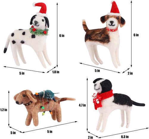 Juegoal Christmas Felt Dog Ornaments - Set of 4 Cute Wool Puppy Decorations for Holiday Home Decor
