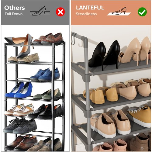 LANTEFUL 3 Tier Shoe Rack for Closet, Shoe Organizer with 5 Hooks, Long Shoe Shelf Storage for Shoe and Boot Stackable Free Standing Shoe Rack for Entryway, Garage, Small Spaces, Dorm, Grey