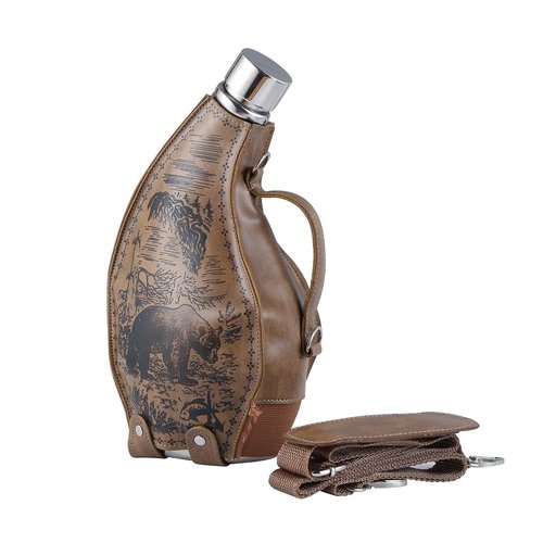 TOX TANEAXON 53 oz Bear Pattern Horn Shape Large Capacity Whiskey Hip Flasks for Liquor with Removable Holster