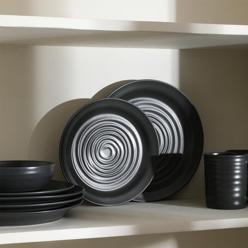 Stone Lain Orbit 16-Piece Round Stoneware Dinnerware Set, Charcoal, Service for 4 with Plates, Bowls & Mugs, Durable Ceramic Kitchen Tableware, Dishwasher & Microwave Safe