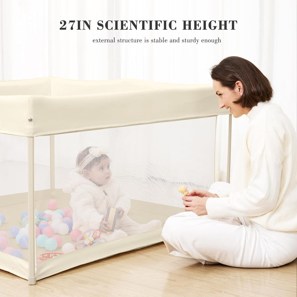 Regine Switzerland Foldable Baby Playpen - Portable 50" x 50" Play Yard with Breathable Mesh & ASTM F406 Certified (Beige)