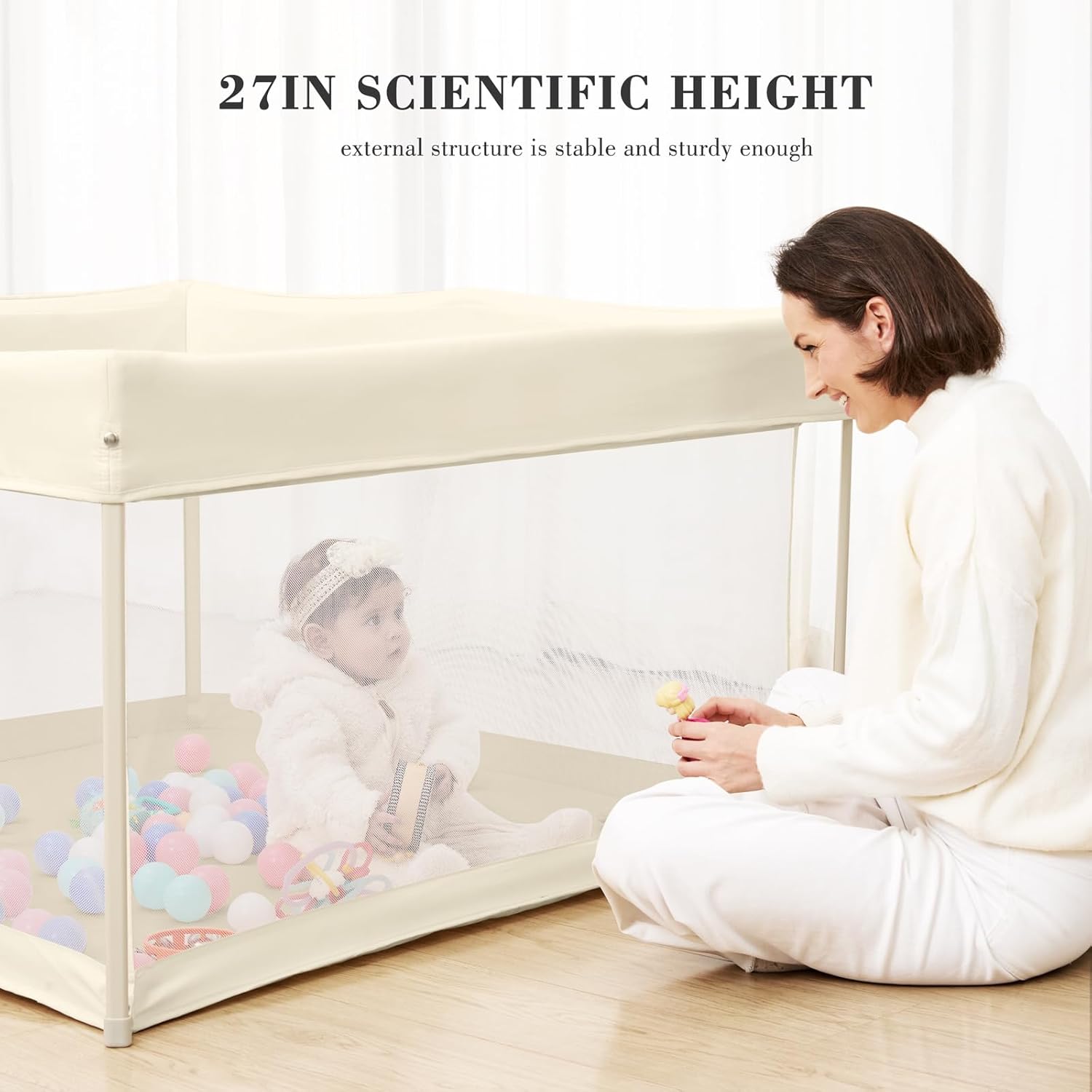 Regine Switzerland Foldable Baby Playpen - Portable 50" x 50" Play Yard with Breathable Mesh & ASTM F406 Certified (Beige)
