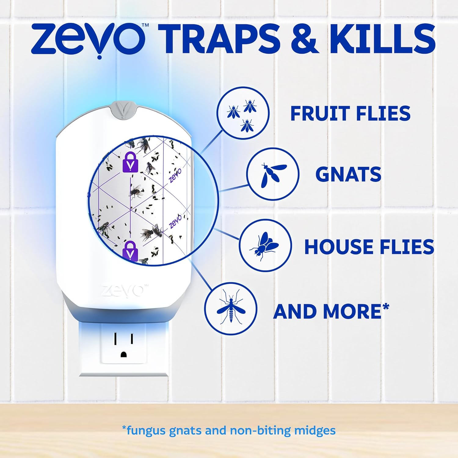 Zevo Flying Insect Trap - Indoor Bug Catcher with 3 Refill Cartridges | UV Light Technology for Flies & Gnats