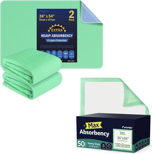 Fygrip Washable Underpads - 36” x 54” Extra Heavy Absorbency | 50 Count Disposable 36” x 36” Max Absorbency