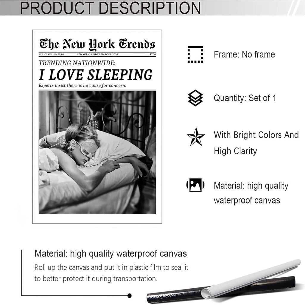 Beshdomp Vintage I Love Sleeping Poster - Black & White Newspaper Canvas Wall Art | 12x16in Unframed