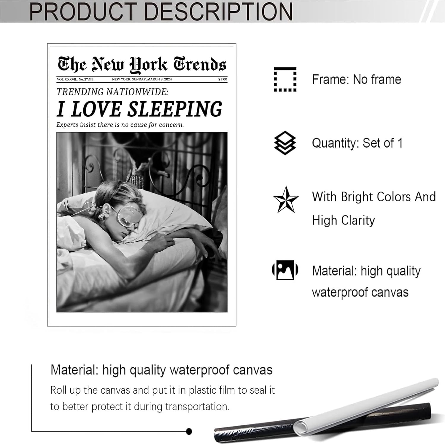 Beshdomp Vintage I Love Sleeping Poster - Black & White Newspaper Canvas Wall Art | 12x16in Unframed