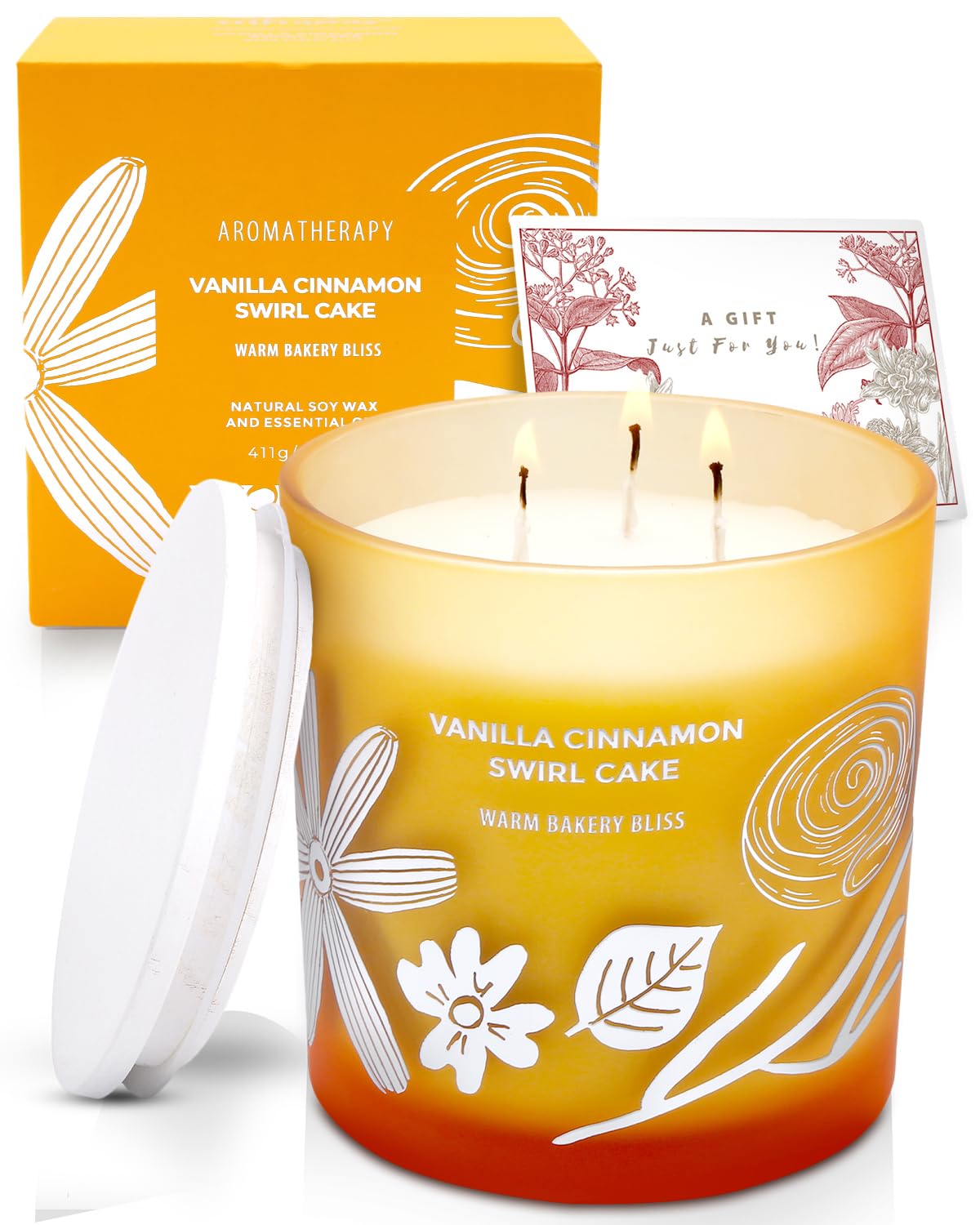 Vanilla Cinnamon Swirl Cake Candle, 14.5oz Large 3-Wick Soy Scented Candles for Home, Warm Bakery Scent, Long Lasting Aromatherapy Candle, Gift for Women & Men