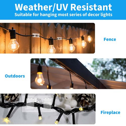 SWSEAM Hooks for Outdoor String Lights Clips: 102Pcs Heavy Duty Light Hook with Waterproof Adhesive Strips - Outside Clear Cord Holders for Hanging Christmas Lighting - Outdoors Sticky Clip (102)