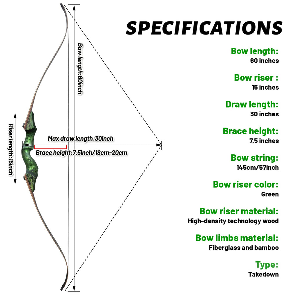 60 Inch Black Hunter Recurve Bow 20-60lbs Right Hand Archery Bow Wooden Riser Practice Bow with Bow Stringer for Adults Beginner Hunting Shooting (25LBS)