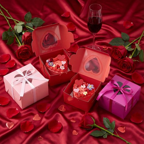 Henoyso 80 Pcs Mother's Day Cupcake Boxes 4 x 4 x 2.5 Inch Valentine Galentine Bakery Treat with Heart PVC Window Individual Cookie Candy Boxes for Gift Giving Party Favor (Pink,Red,Purple)