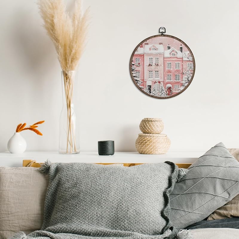 Pink Christmas Round Wall Art Canvas - 10x10 Inch Framed Poster for Home Decor
